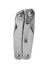 Photo of Compact portable metallic multitool isolated on white