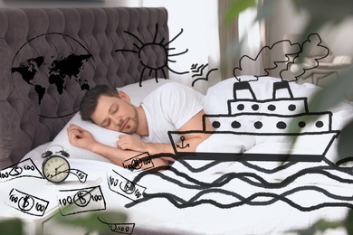 Image of Sweet dreams. Man sleeping in bed. Ship, money and other illustrations on foreground