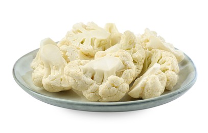 Photo of Plate with cut fresh raw cauliflowers on white background
