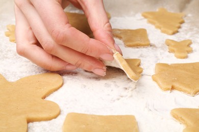 Photo of Christmas treat. Woman making cookies, closeup view