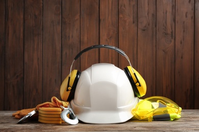 Composition with different safety equipment on table