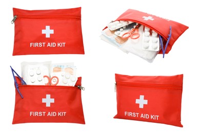 Image of Collage with first aid kit on white background, different sides