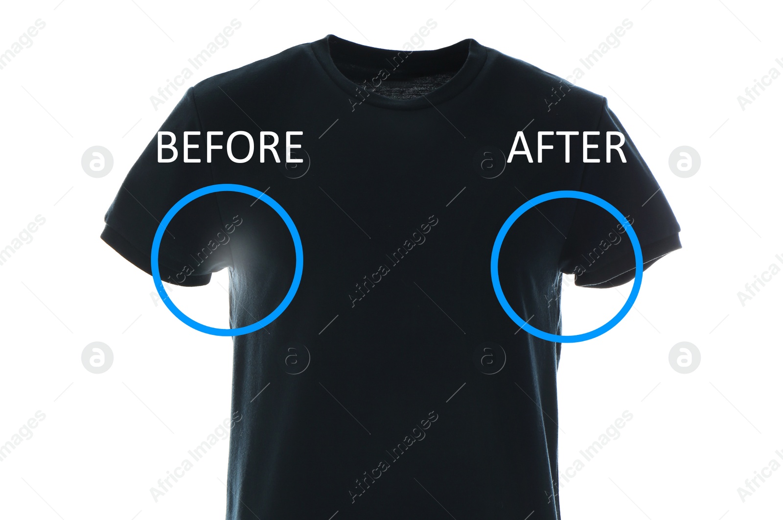 Image of Black t-shirt before and after using deodorant on white background