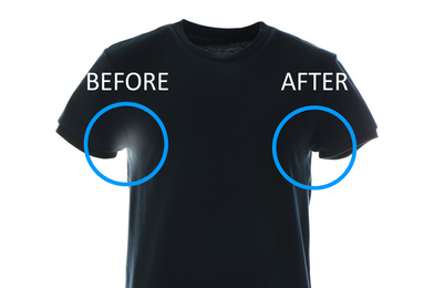 Image of Black t-shirt before and after using deodorant on white background