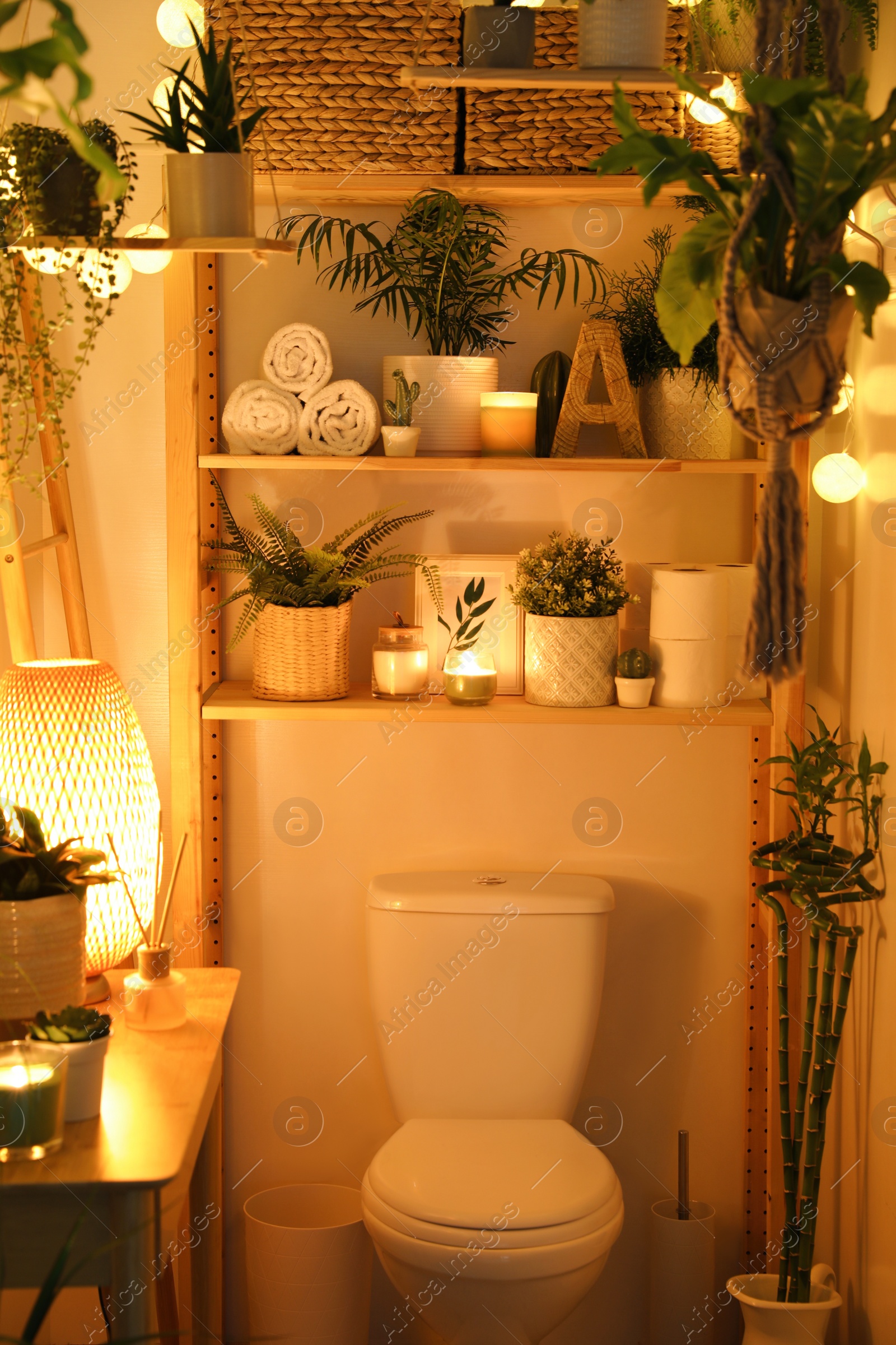 Photo of Stylish bathroom interior with toilet bowl and green plants