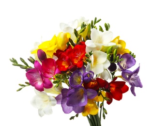 Photo of Bouquet of beautiful freesia flowers on white background