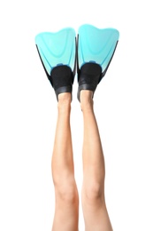 Photo of Woman wearing blue flippers on white background, closeup