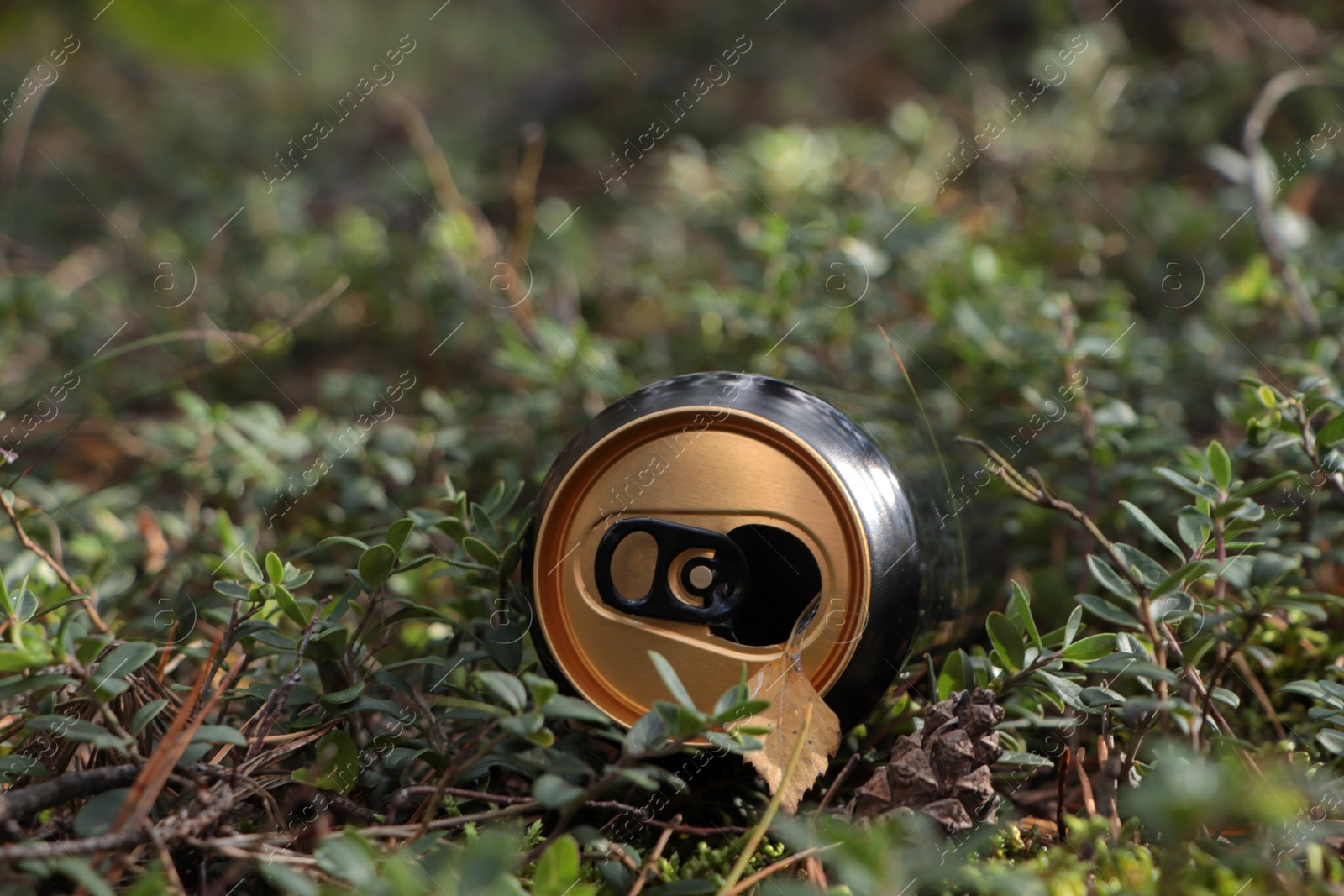 Photo of Used aluminium can on green grass outdoors, space for text. Recycling problem