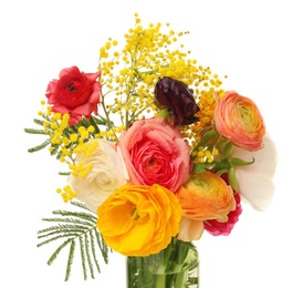 Photo of Vase with beautiful ranunculus and mimosa flowers on white background