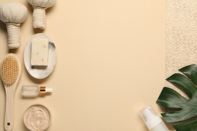 Photo of Bath accessories. Flat lay composition with personal care products on beige background, space for text