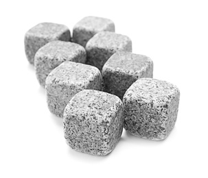 Classic grey whiskey stones on white background