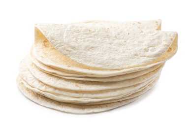 Stack of corn tortillas on white background. Unleavened bread