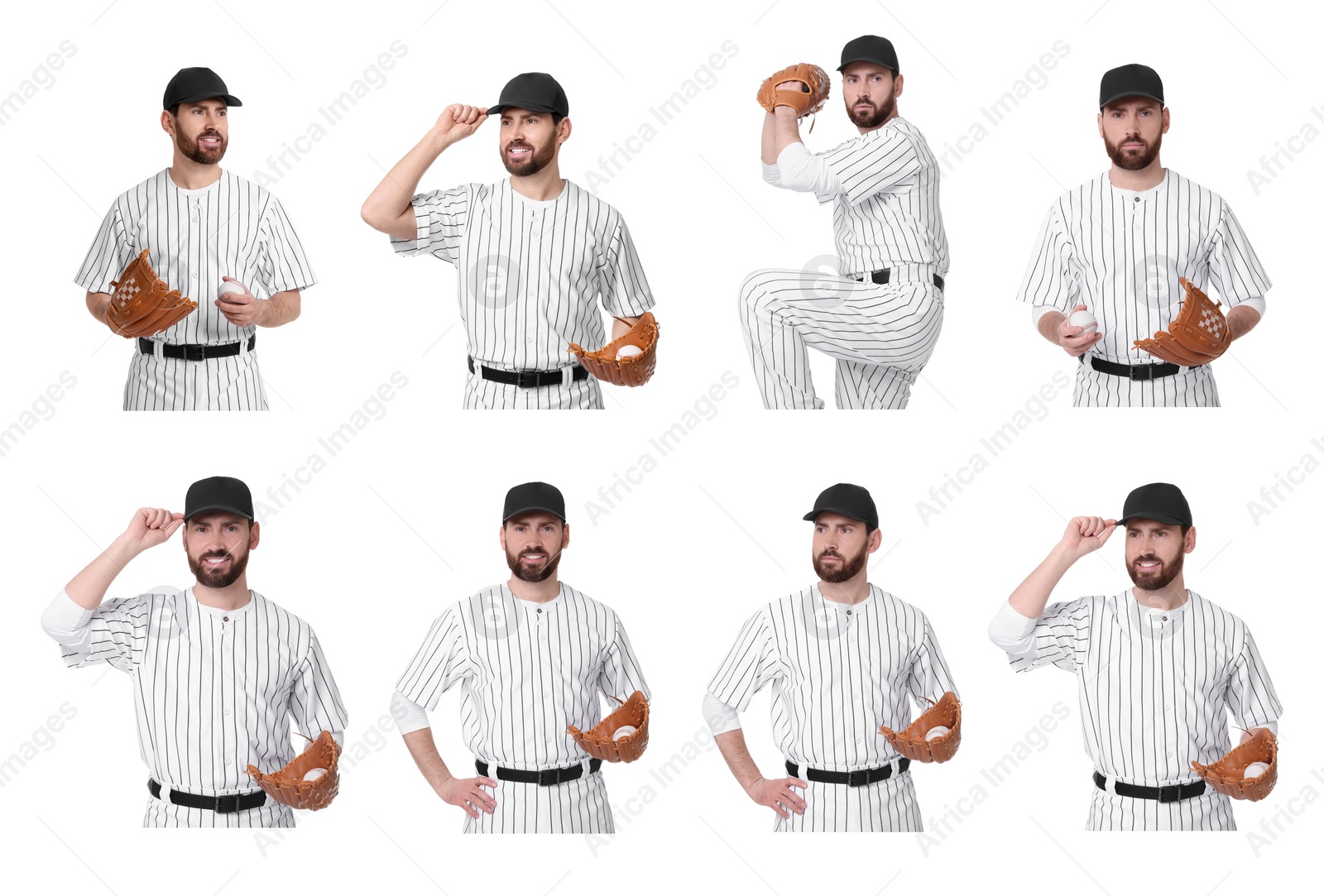 Image of Baseball player with leather glove on white background, set of photos