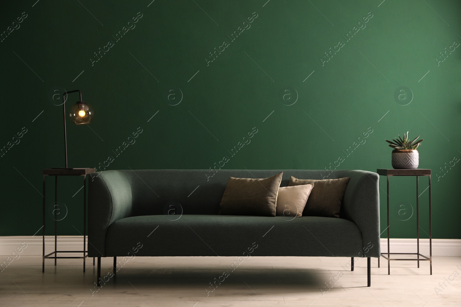 Photo of Stylish living room interior with comfortable green sofa and houseplant