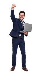 Handsome bearded businessman in suit with laptop on white background