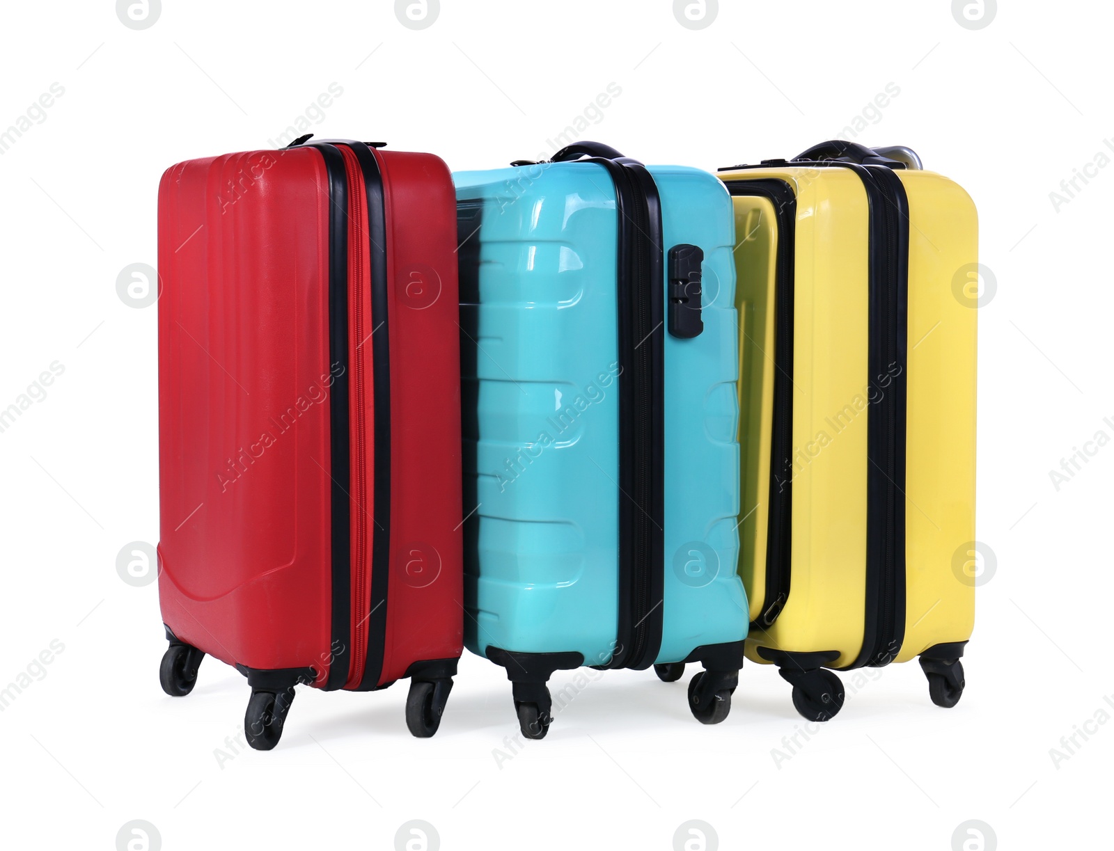 Photo of Stylish suitcases packed for travel on white background. Summer vacation