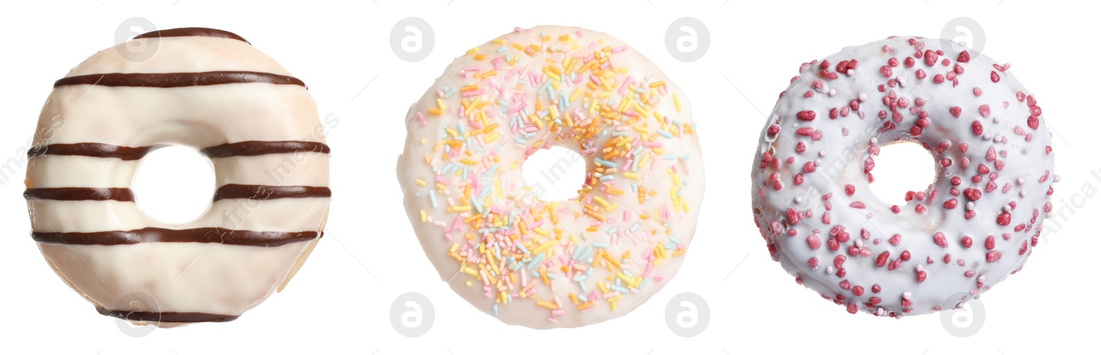 Image of Set with delicious glazed donuts on white background. Banner design