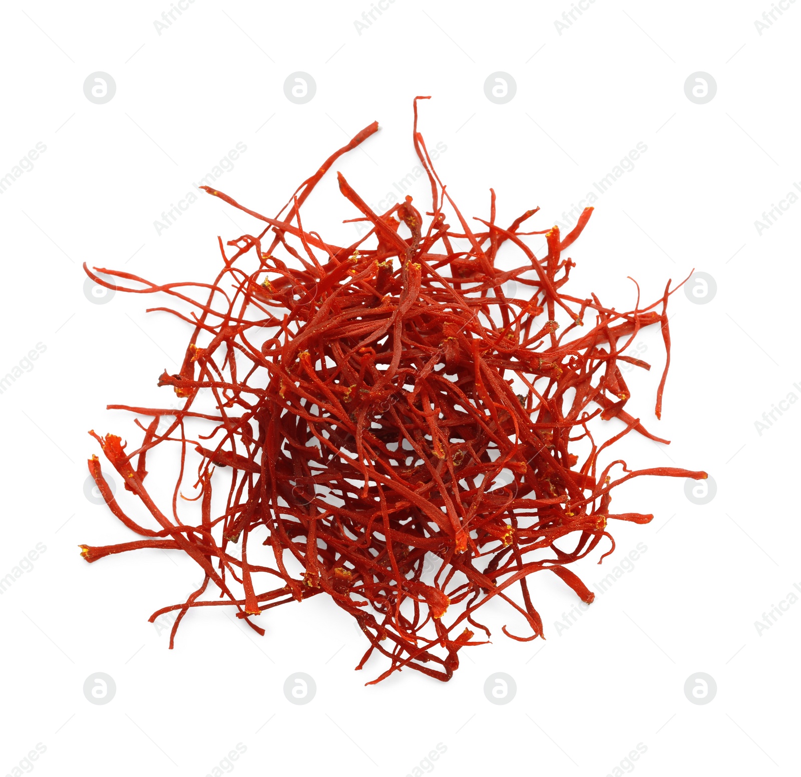 Photo of Pile of dried red saffron isolated on white, top view