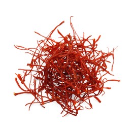 Pile of dried red saffron isolated on white, top view