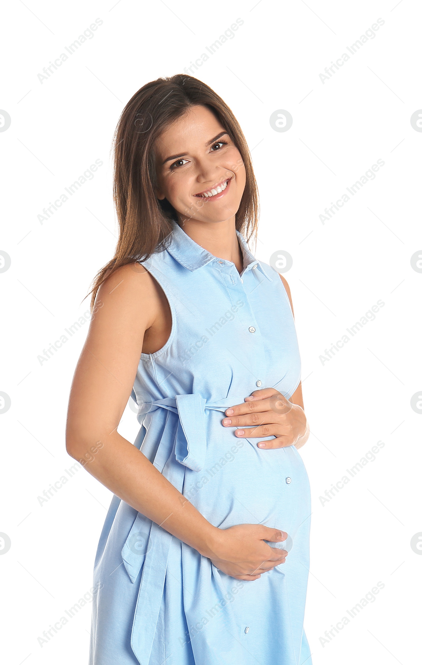 Photo of Happy pregnant woman touching her belly on white background