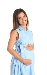 Happy pregnant woman touching her belly on white background