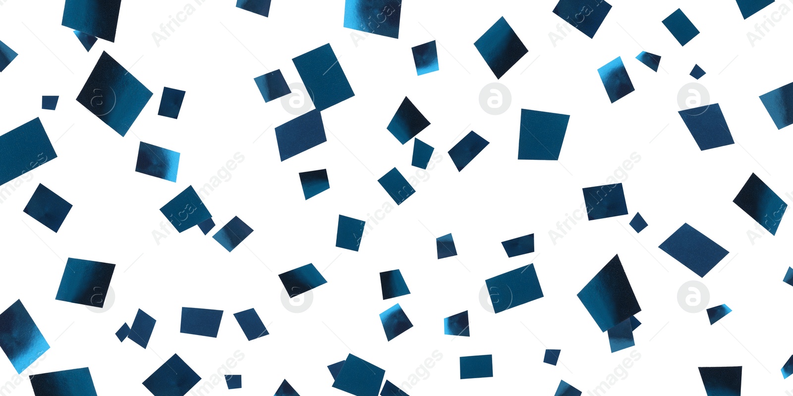 Image of Shiny blue confetti falling on white background