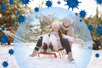 Happy mother and daughter sledding outdoors on winter day. Bubble around them symbolizing strong immunity blocking viruses, illustration