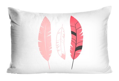Image of Soft pillow with printed feathers isolated on white