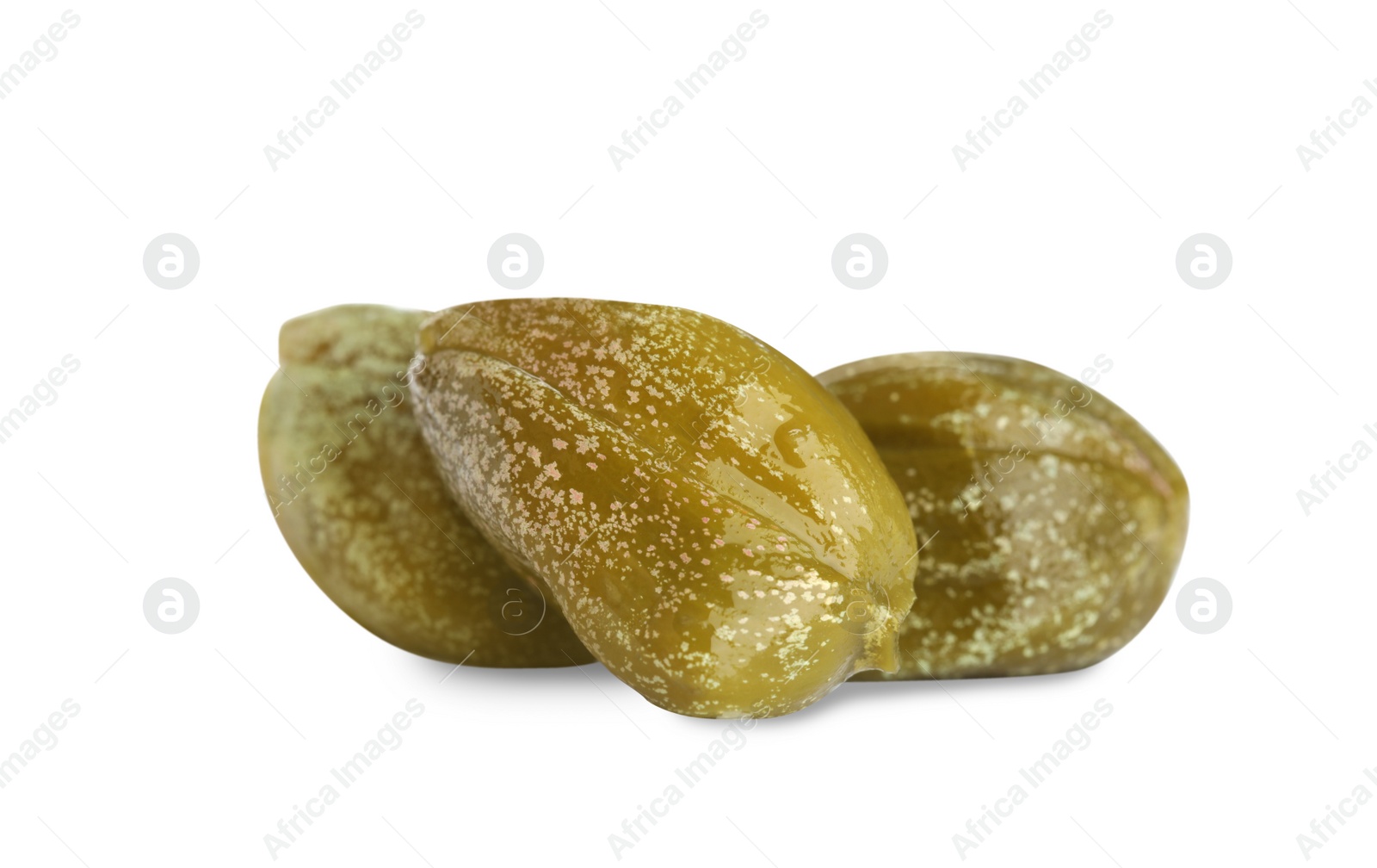 Photo of Three delicious pickled capers on white background