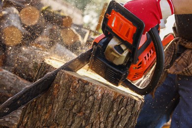 Man sawing wooden log outdoors, closeup view