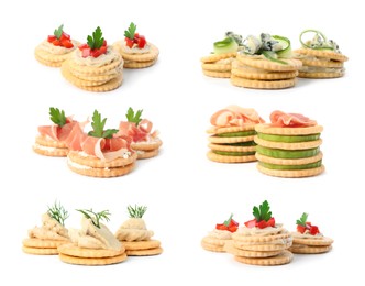 Image of Delicious crackers with different toppings isolated on white, set