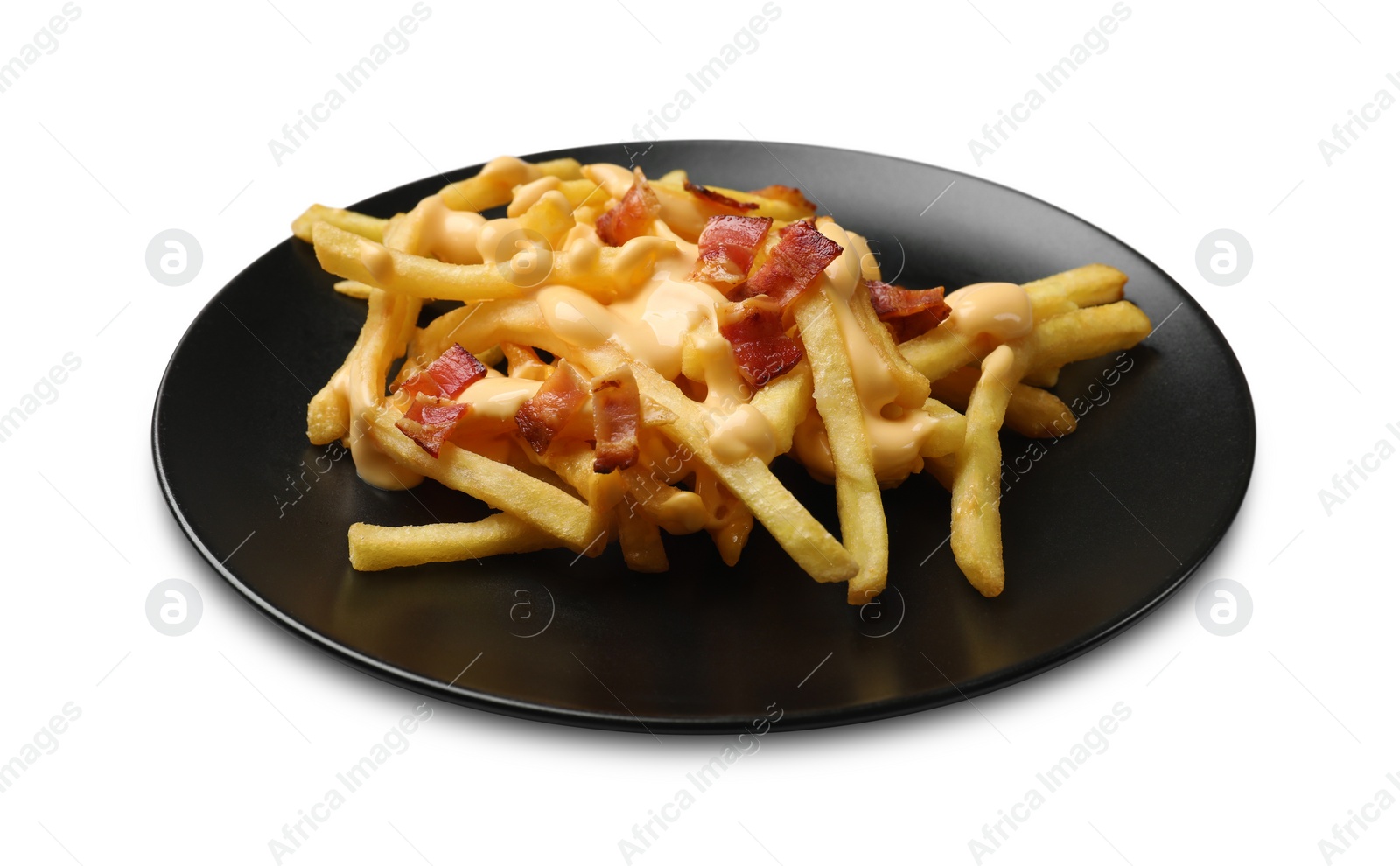 Photo of Delicious French fries with bacon and cheese sauce isolated on white