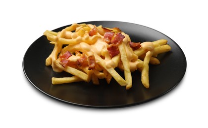 Delicious French fries with bacon and cheese sauce isolated on white