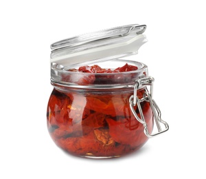 Photo of Jar with sun dried tomatoes on white background