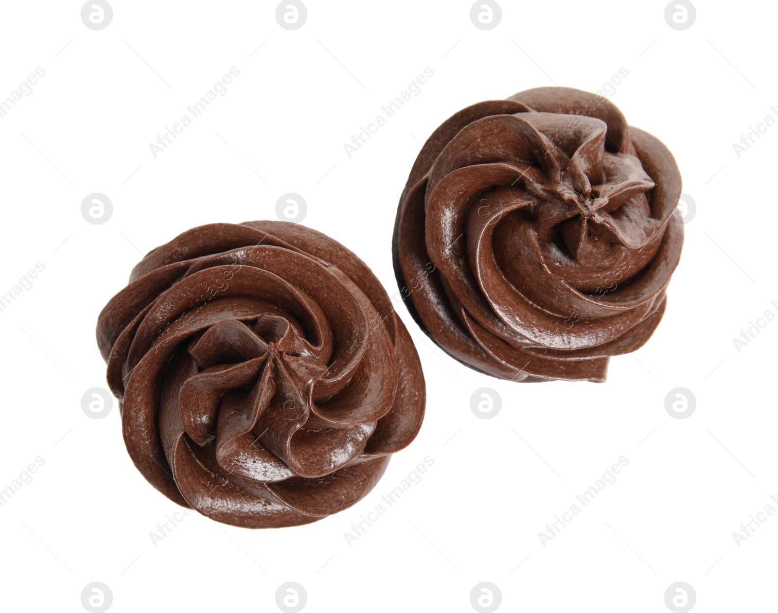 Photo of Delicious chocolate cupcakes with cream on white background, top view