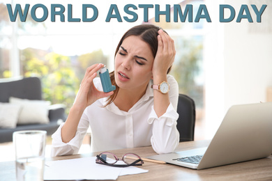 Image of World asthma day. Young woman using inhaler at table in office