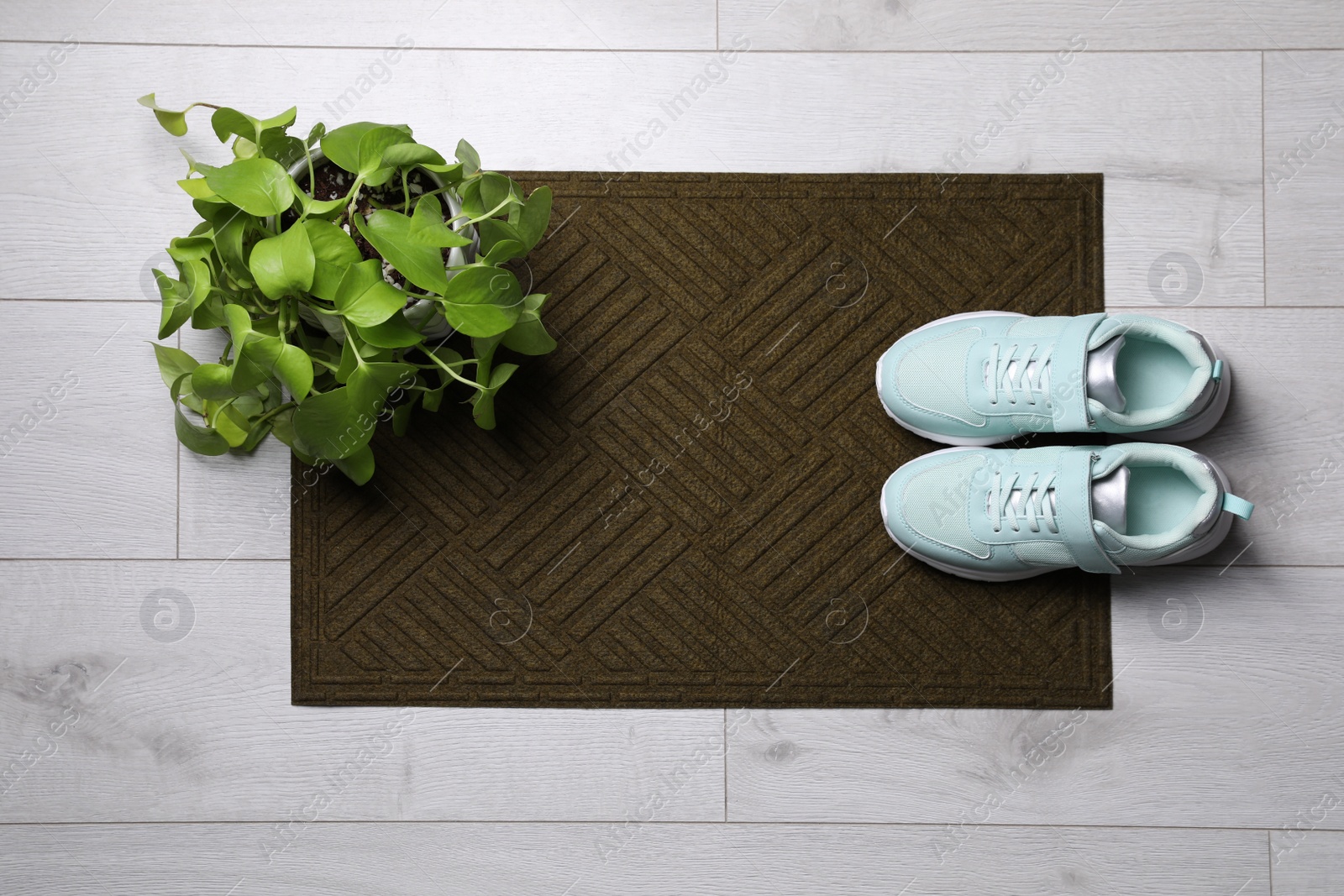 Photo of New clean door mat, shoes and houseplant on floor, flat lay