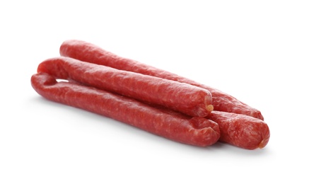 Tasty sausages on white background. Meat product