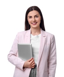 Beautiful businesswoman with tablet on white background