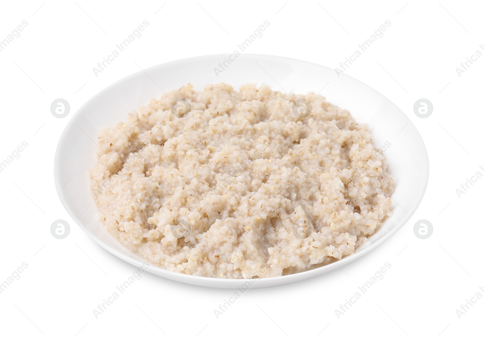 Photo of Delicious barley porridge in bowl isolated on white