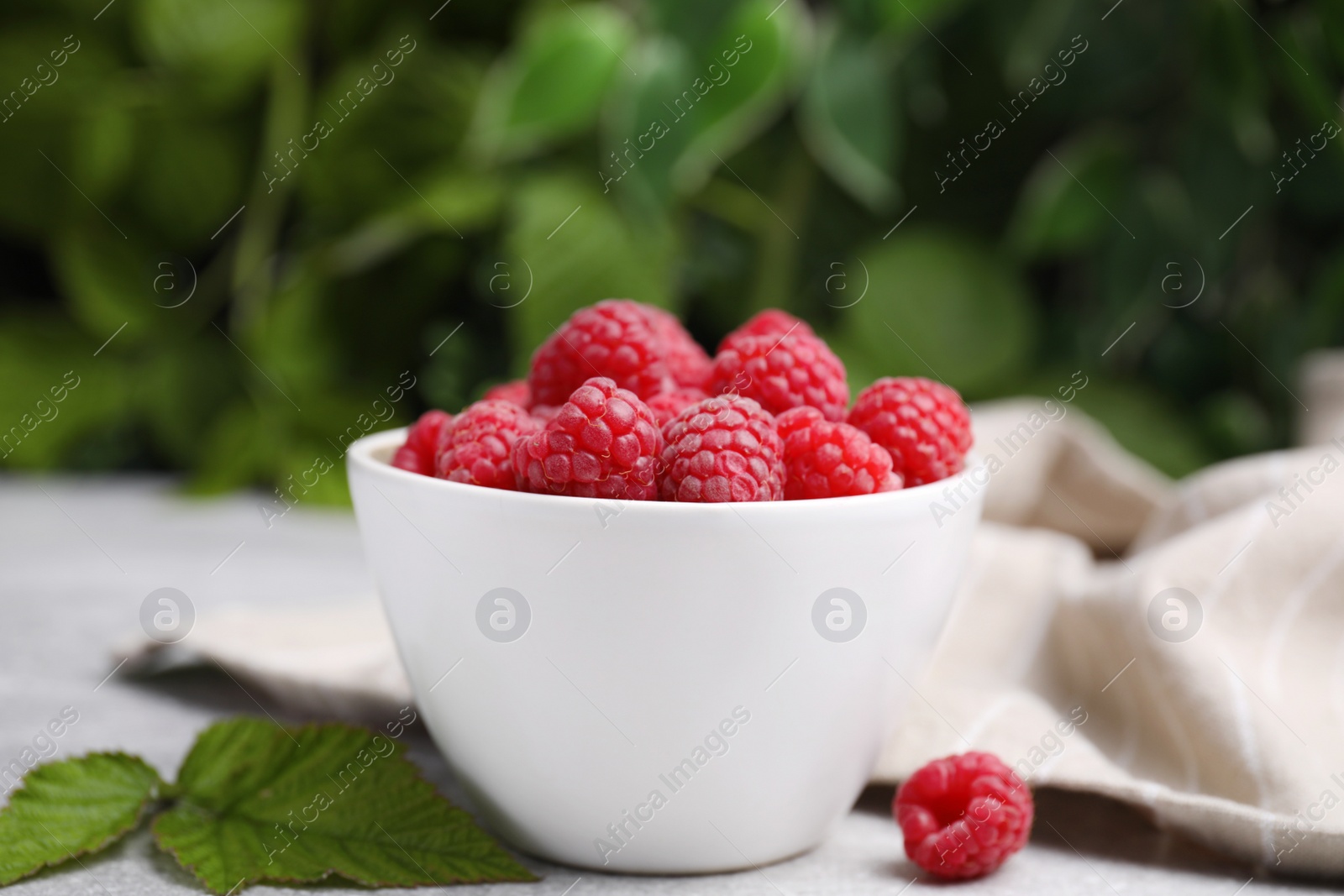 Photo of Bowl of fresh ripe raspberries with green leaves on light table against blurred background