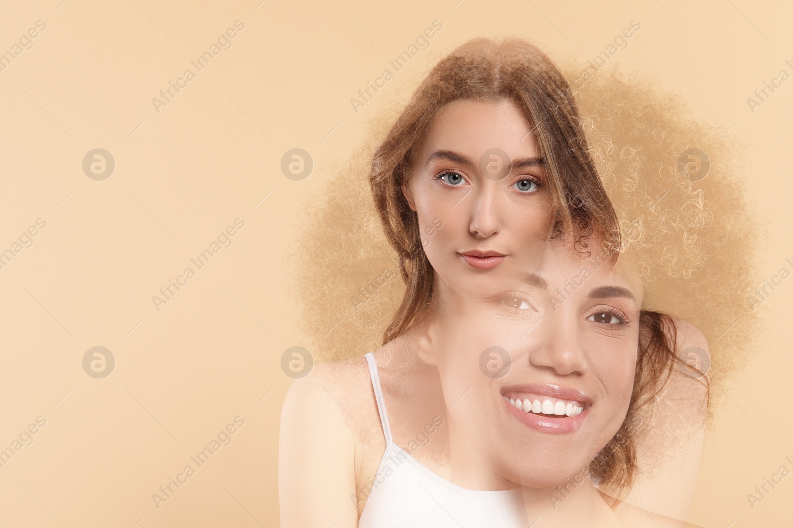 Image of Double exposure of beautiful women on beige background