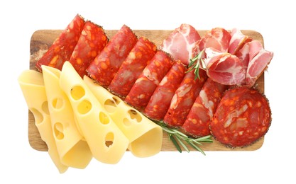Photo of Charcuterie board. Delicious cured ham, cheese, sausage and rosemary isolated on white, top view