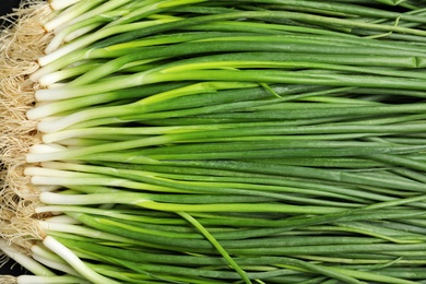 Photo of Fresh green onions as background, top view