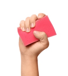 Photo of Woman holding cleaning sponge for dish washing on white background, closeup