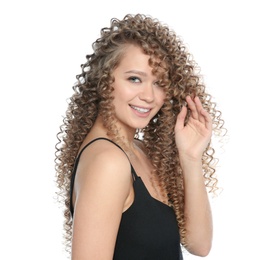 Portrait of beautiful young woman with shiny wavy hair on white background