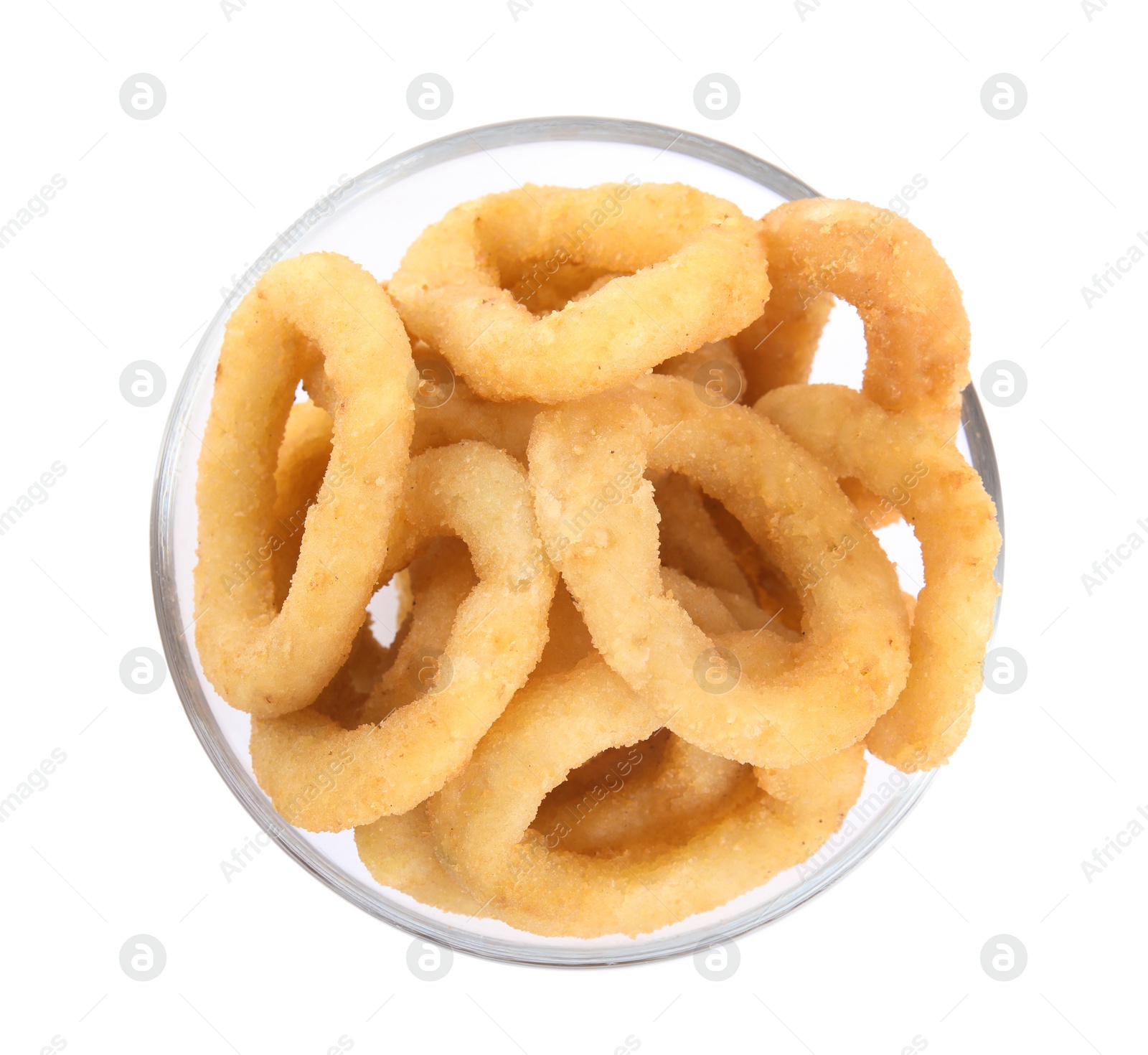 Photo of Delicious onion rings in bowl isolated on white, top view
