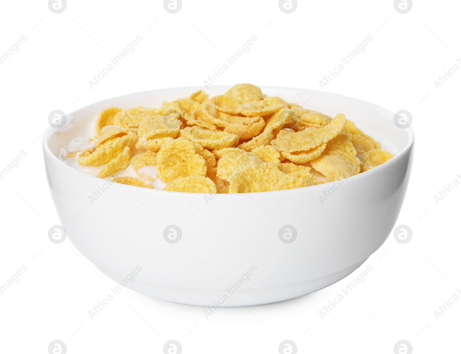 Photo of Breakfast cereal. Tasty corn flakes with milk in bowl isolated on white