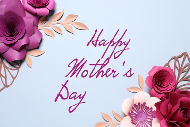 Happy Mother's Day. Different beautiful flowers and branches made of paper on light blue background, flat lay 