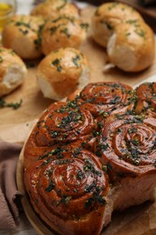 Traditional Ukrainian bread (Pampushky) with garlic, closeup view